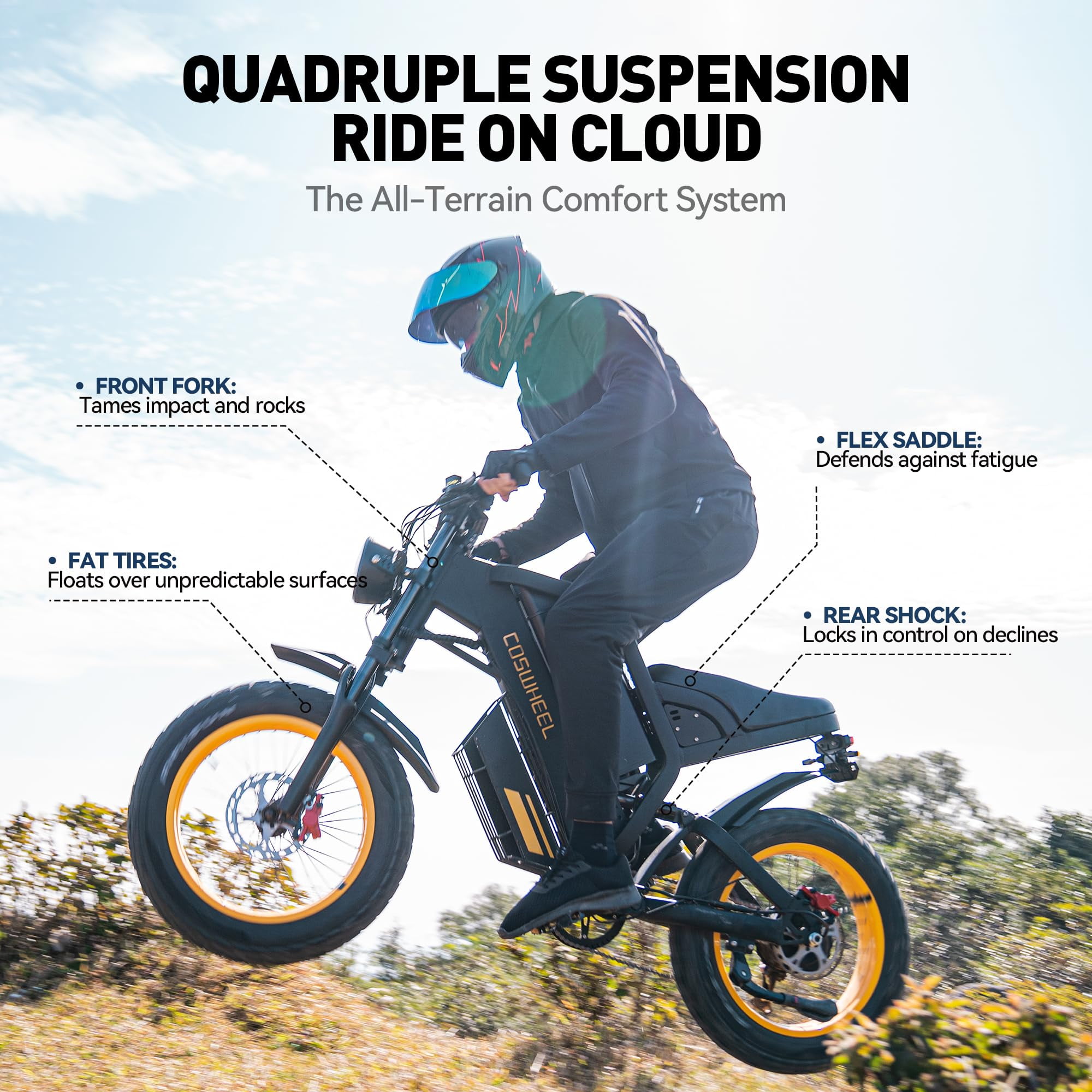 COSWHEEL GT20 1500W(Peak) Electric Bike for Adults, 48V Removable Battery Max Range 28MPH & 87 Miles Electric Motorcycle,All Terrain Fat Tires Electric Dirt Bike UL2849