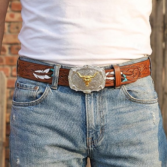 Unisex Western Punk Single‑Row Belt, Feather‑Embroidered Faux Leather Strap, Adjustable Strap for Cowboy‑Inspired Daily Jeans Outfits, Western Belt Buckle Brown 110