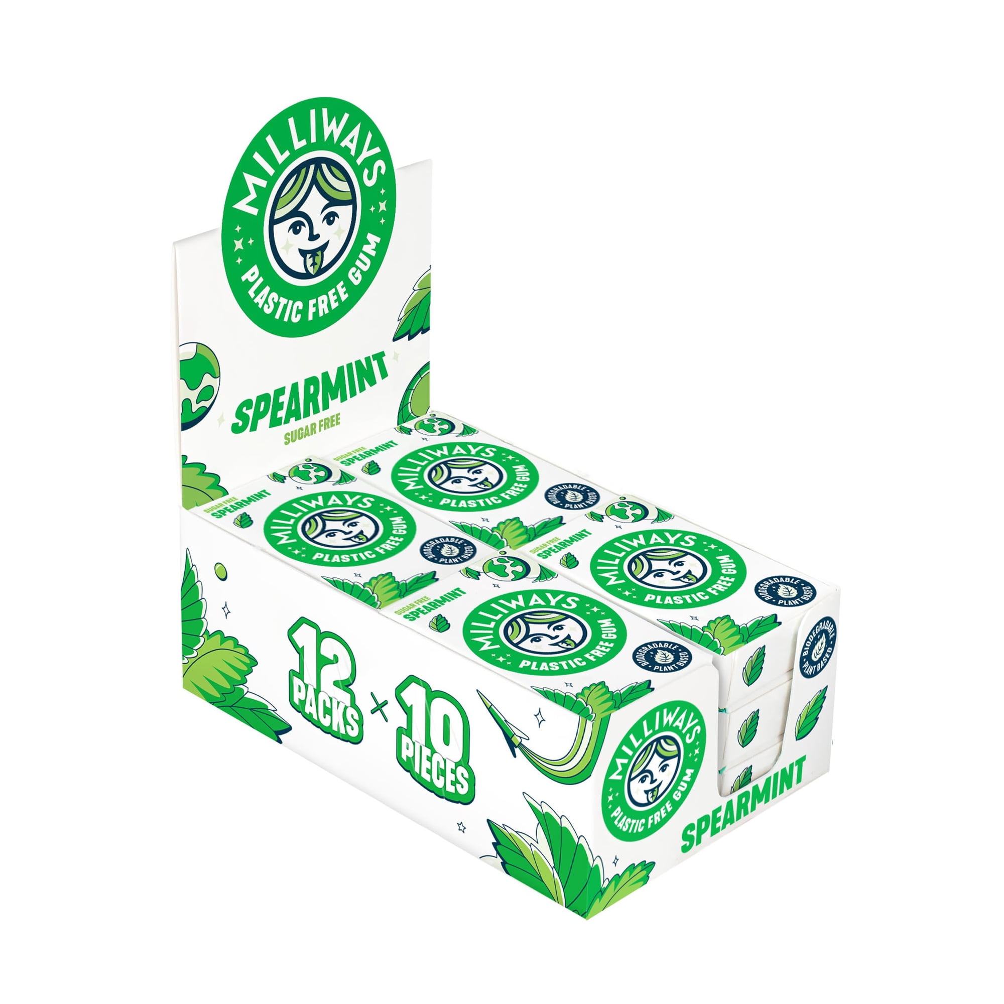 Milliways Spearmint Chewing Gum Plastic Free Sugar Free Aspartame Free Natural | 12 Packs of 10 Pieces (120 Pieces Total) | Xylitol Plant-Based Biodegradable
