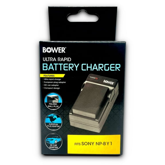 Bower Ultra Rapid Charger for Sony HDR-AZ Series Cameras | Compact Charger for Sony NP-BY1 Battery - Ultra Fast Charging, Includes European Plug Adapter, DC Car Adapter, USB Charging Cable