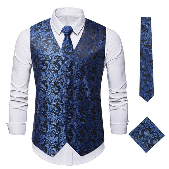 Men Casual Waistcoat Gold Paisley Formal Vest Royal Purple Wedding Suit 3Pcs/set