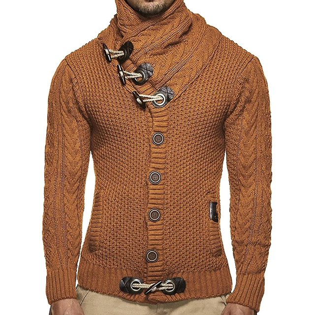 Cárdigan de punto de cable para hombre Suéter con botones Manga larga Cárdigans de cuello alto de punto grueso de invierno/XS/Marrón kaili Sencillez