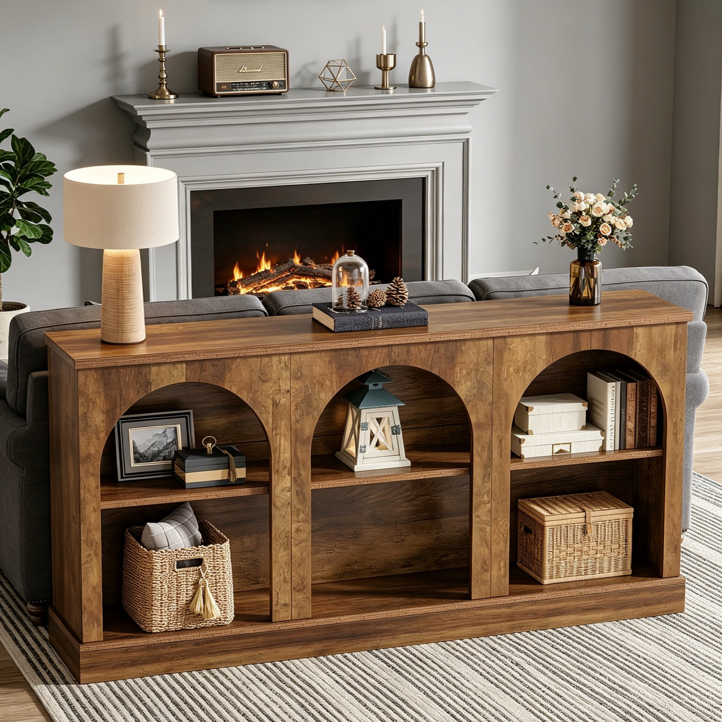 Fnova 63" Farmhouse Console Table, Wooden Entryway Table with 3-Tier Storage, Rectangular Sofa Table for Entrance, Hallway, Living Room, Behind Couch