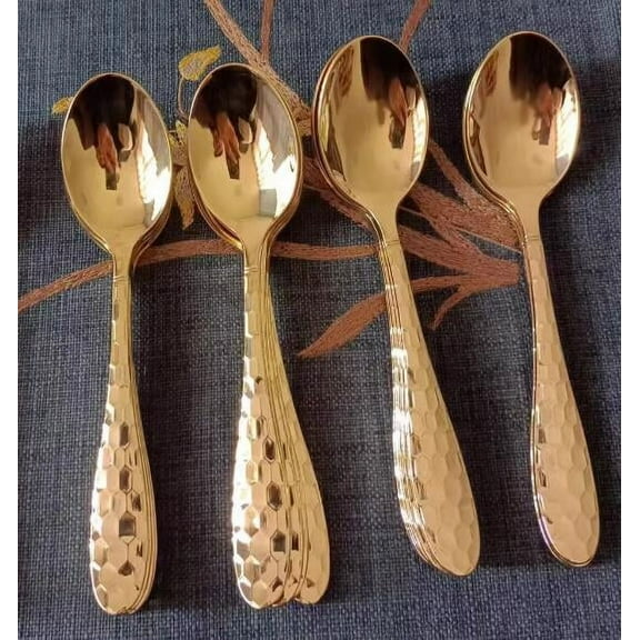 99.9% Pure Brass Spoon Hammered Design, Set of 4，Soup Spoon, Brass Tableware (Length：7 inches, width： 1.4 inches)