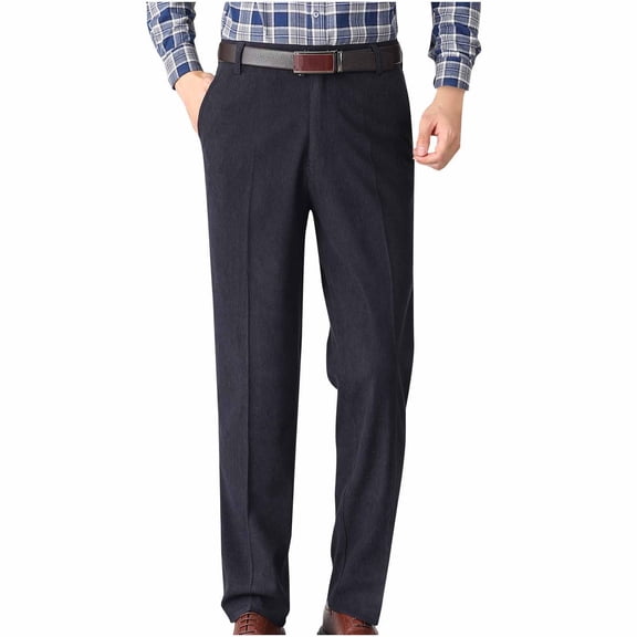 Wyobmus Men's Corduroy Dress Pants Solid Color Straight Leg Pants Casual Drape Button Suit Pants With Pocket Dark Blue