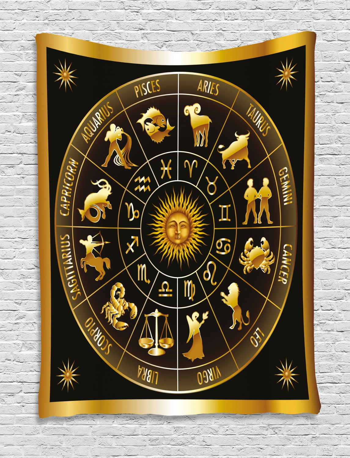 Astrology Tapestry, Wheel Zodiac Astrology Signs in Circle with Sun
