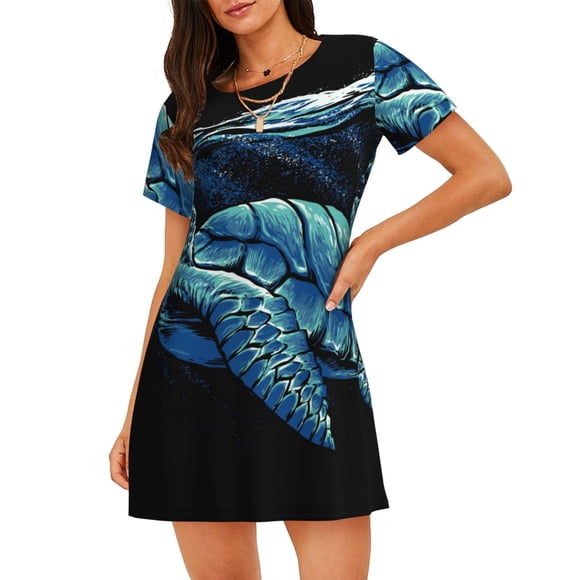 Vsdgher Motif Tortue Océan Chemise de Nuit à Manches Courtes Col Rond Mignonne Robe de Nuit Confortable