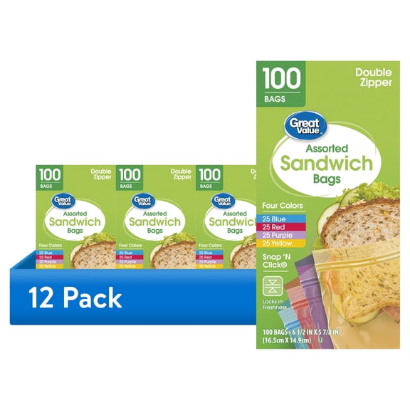 (12 pack) Great Value Double Zipper Sandwich Bags, Assorted Colors, 100 Count