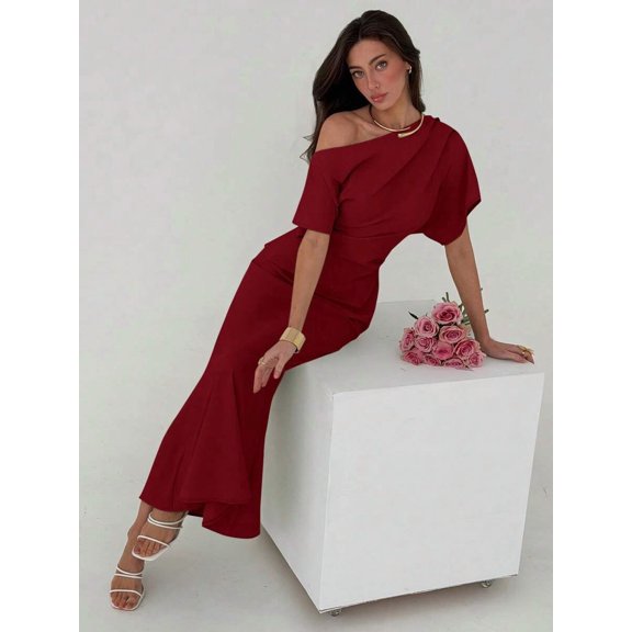 Burgundy Asymmetrical One-Shoulder Cinched Waist Long Dress For Formal And Party Occasions