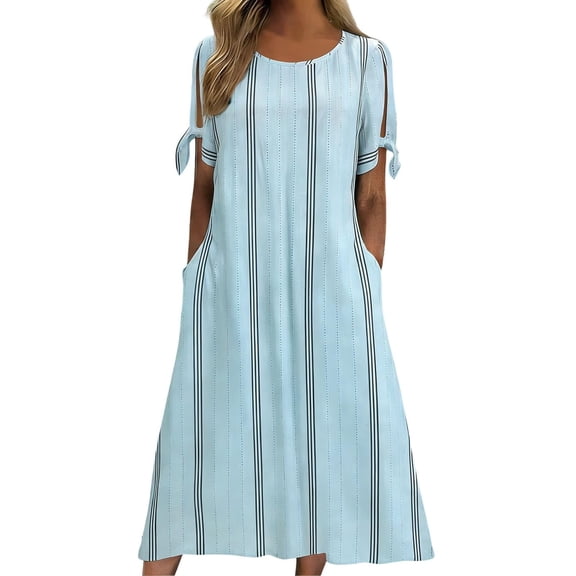Edvintorg Women's Summer Dresses Striped Boho Crew Neck Cold Shoulder Loose Fit Casual Long Dress with Pockets Sundresses for Women Light Blue Xl