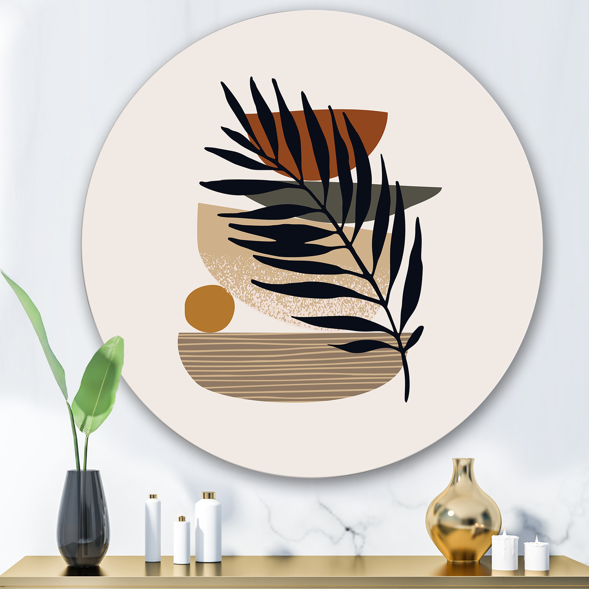 Designart 'Shapes and Tropical Leaf Silhouettes IV' Modern Circle Metal Wall Art 36x36 - Disc of 36