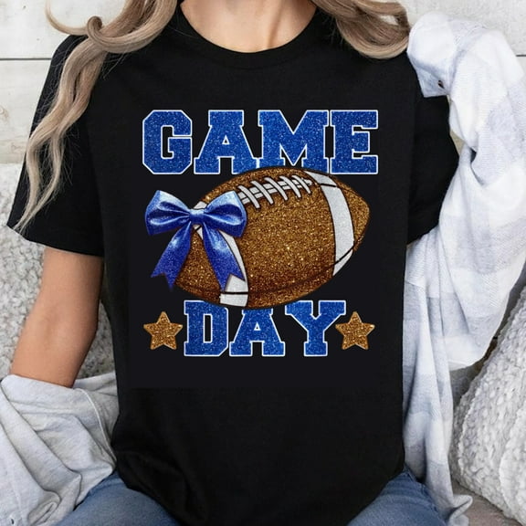 100% Cotton Game Day Football Bow T-Shirt, Cute Glitter Football Tee for Women, Sports Lover Gift Shirt, Weekend Outfit, Casual Graphic Top