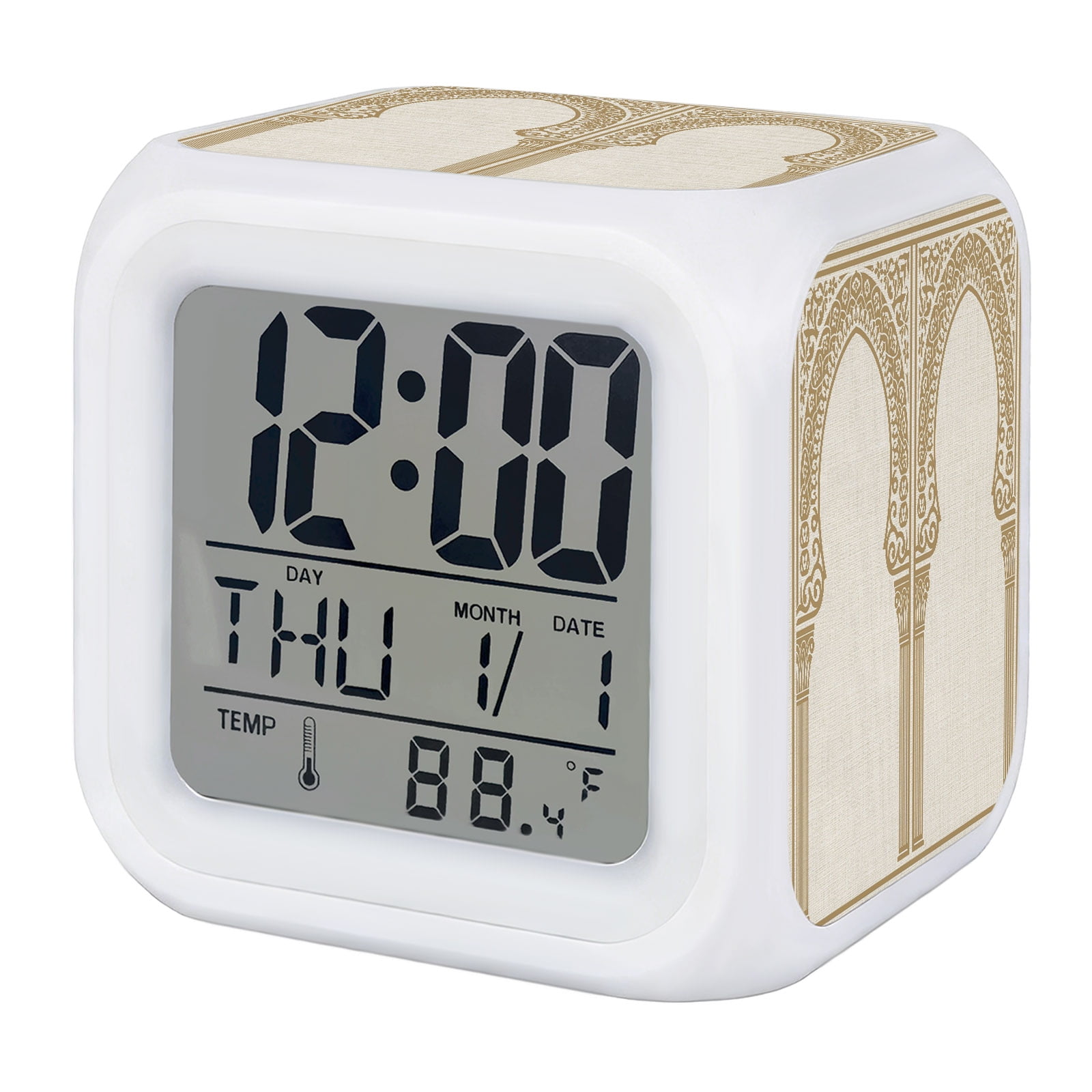 Double Arches Alarm Clock, Vintage Classic Traditional Gold Floral Symmetrical Digital Clock Night Light with 7 Color, Calendar Temperature Display, LED Desk Small Clock for Bedrooms Living Room