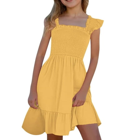 LUOGENLI Dress for Girls Girls Summer Dresses Smocked Sleeveless with Pockets Girls Easter Dresses Size 78 Graduation Easter Dresses for Girls 12-14 Bodycon Yellow 13-14 Years