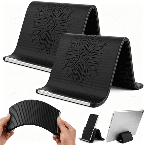 GJX 2 Pack Flexible Silicone Phone Stand, Foldable Adjustable Phone Holder, Portable Non-Slip Bendable Desktop Stand for Desk, Travel, Office, Tablets, Laptops and Treadmills(Black)