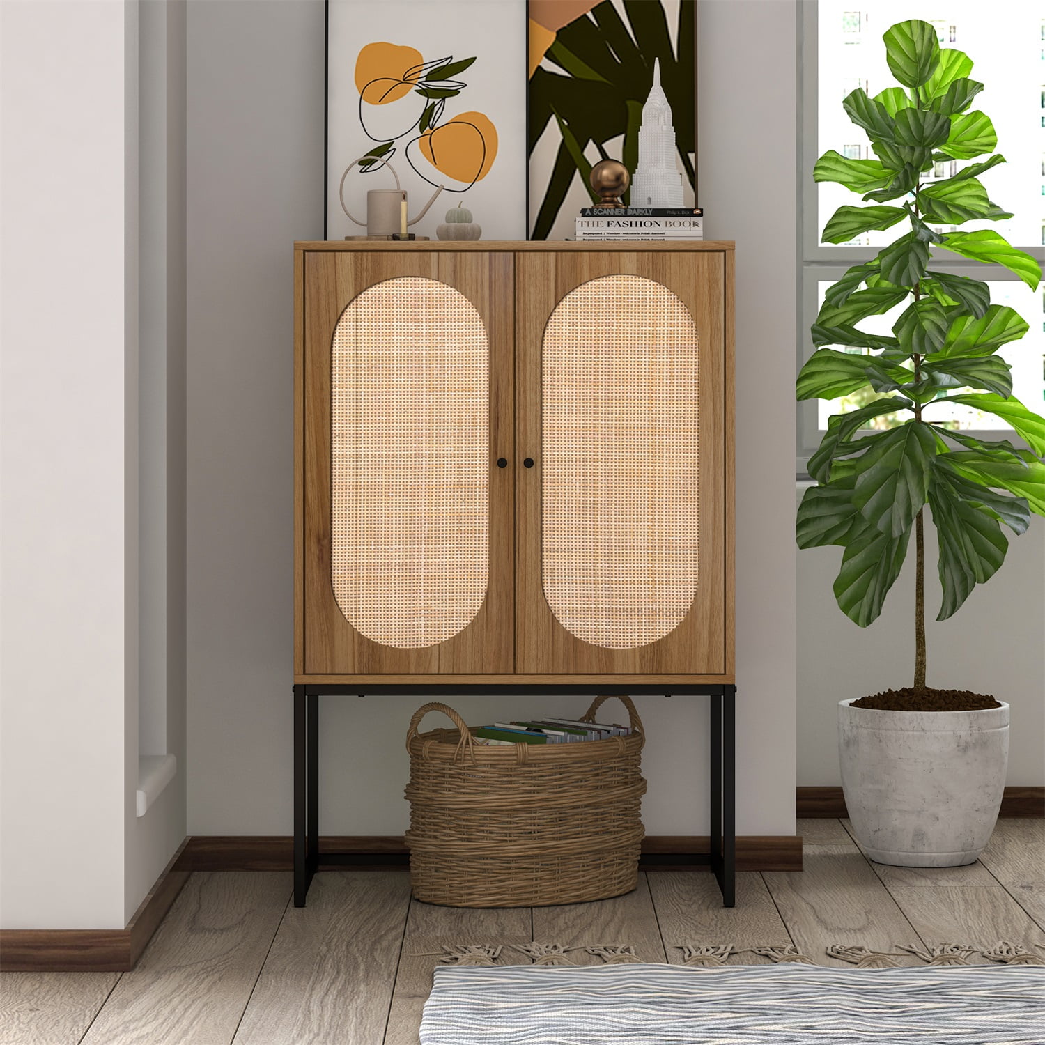 Kadyn Kitchen Storage Cabinet, Natural Rattan Floor Storage Cabinet with 2 Doors, MDF Free Standing Bathroom Cabinet for Bedroom, Walnut Kadyn Kitchen Storage Cabinet, Natural Rattan Floor Storage Cabinet with 2 Doors, MDF Free Standing Bathroom Cabinet for Bedroom, Walnut