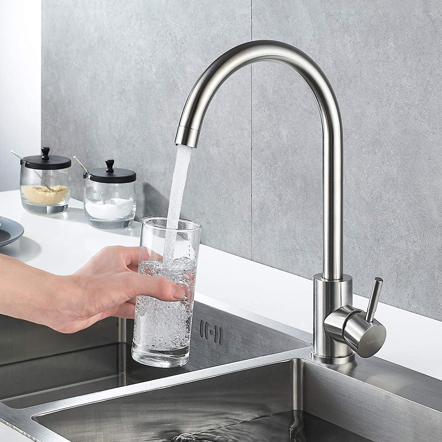 Single Handle High Arc Brushed Nickel Kitchen Faucet Stainless Steel Commercial Single Hole Kitchen Sink Faucet, Modern One Hole Bar Sink Faucet with Deck Plate