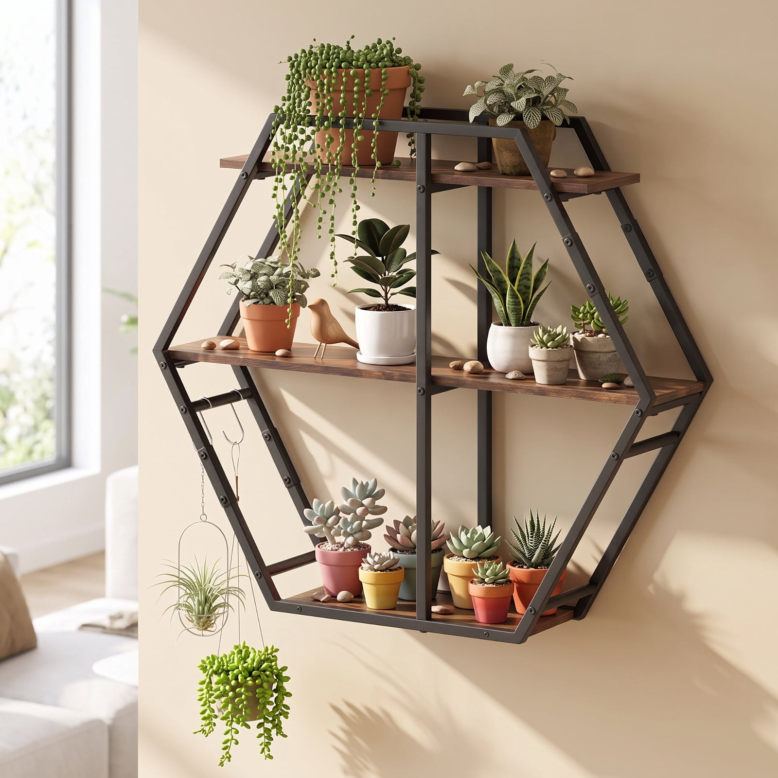 Furnibear 3-Tier Geometric Bookcase with S-Shaped Hooks for Living Room for Living Room Home Office Bedroom Display Storage Shelf, Rustic Brown