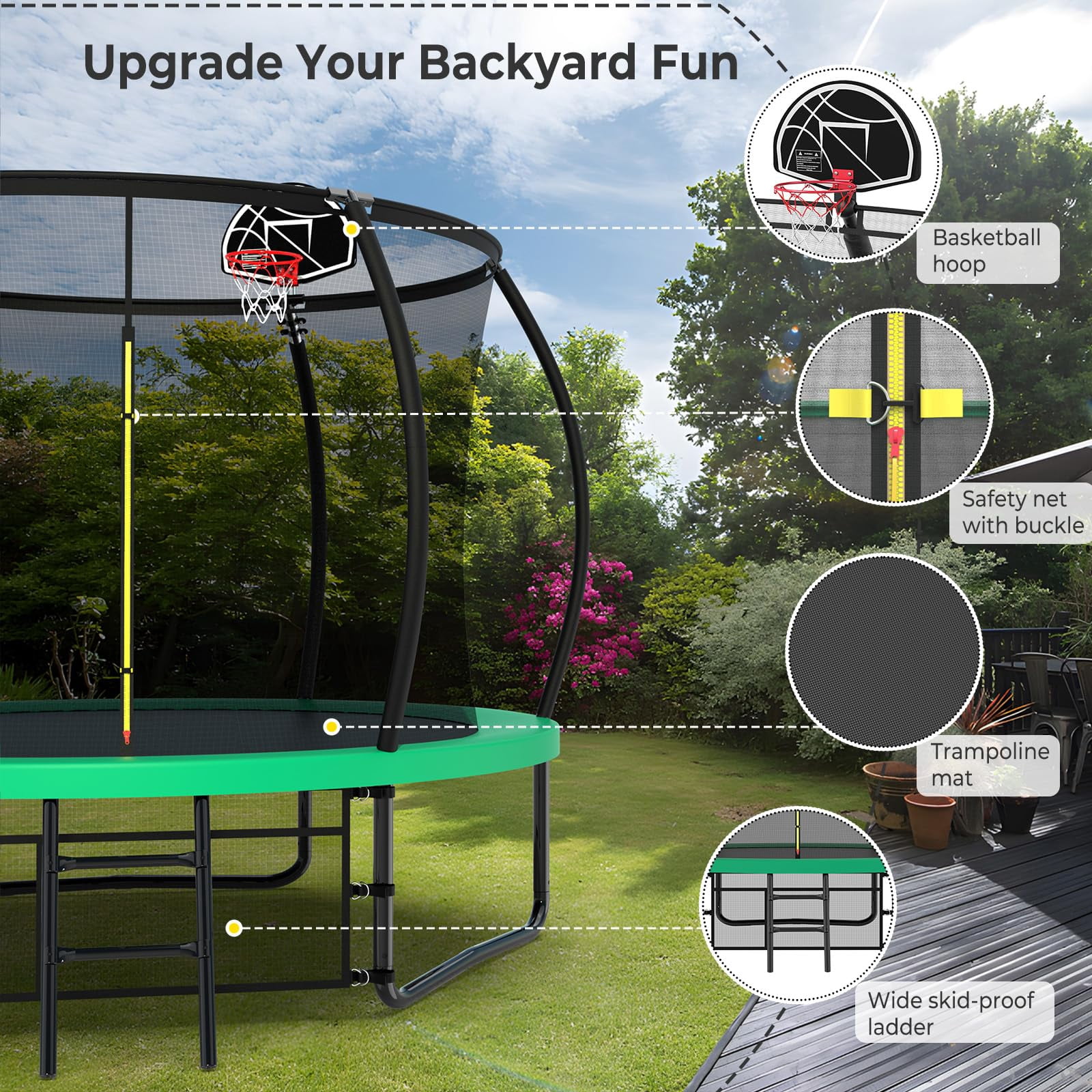 JOYFULIN Trampoline, 10FT Trampoline for Adults and 3-4 Kids, 1000LBS Trampoline with Enclosure, Basketball Hoop, Shoes Bags, Galvanized Full Spray Outdoor Recreational Round Trampolines