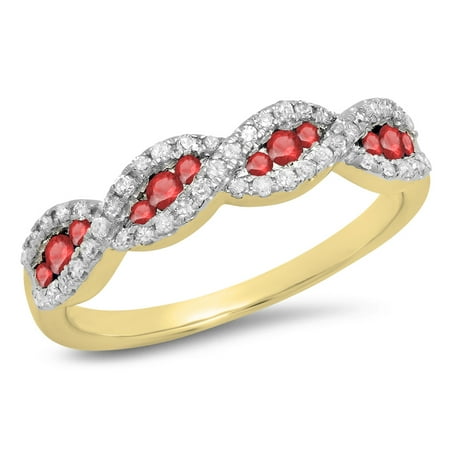 Ruby Gold Wedding Bands - 10K Gold Round Ruby & White Diamond Bridal Stackable Anniversary Wedding Band Swirl Ring