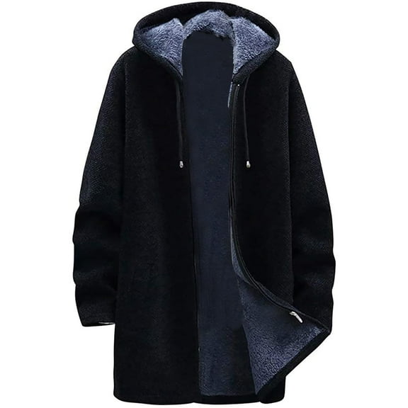 Men's Winter Knit Sweater Cardigan, Hooded Fleece Thickened Solid Color Casual Coat for Cold Weather Comfort and Daily Use,Black,L