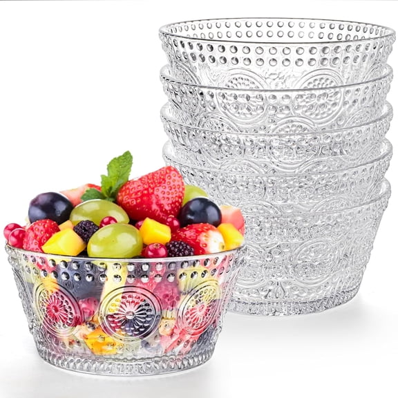 6 Pack Small Glass Bowls Set, 12 Oz Embossed Prep Dessert Bowls for Ice Cream, Stackable Snack Serving Bowls Side Dishes for Dipping, Yogurt, Cereal, Candy