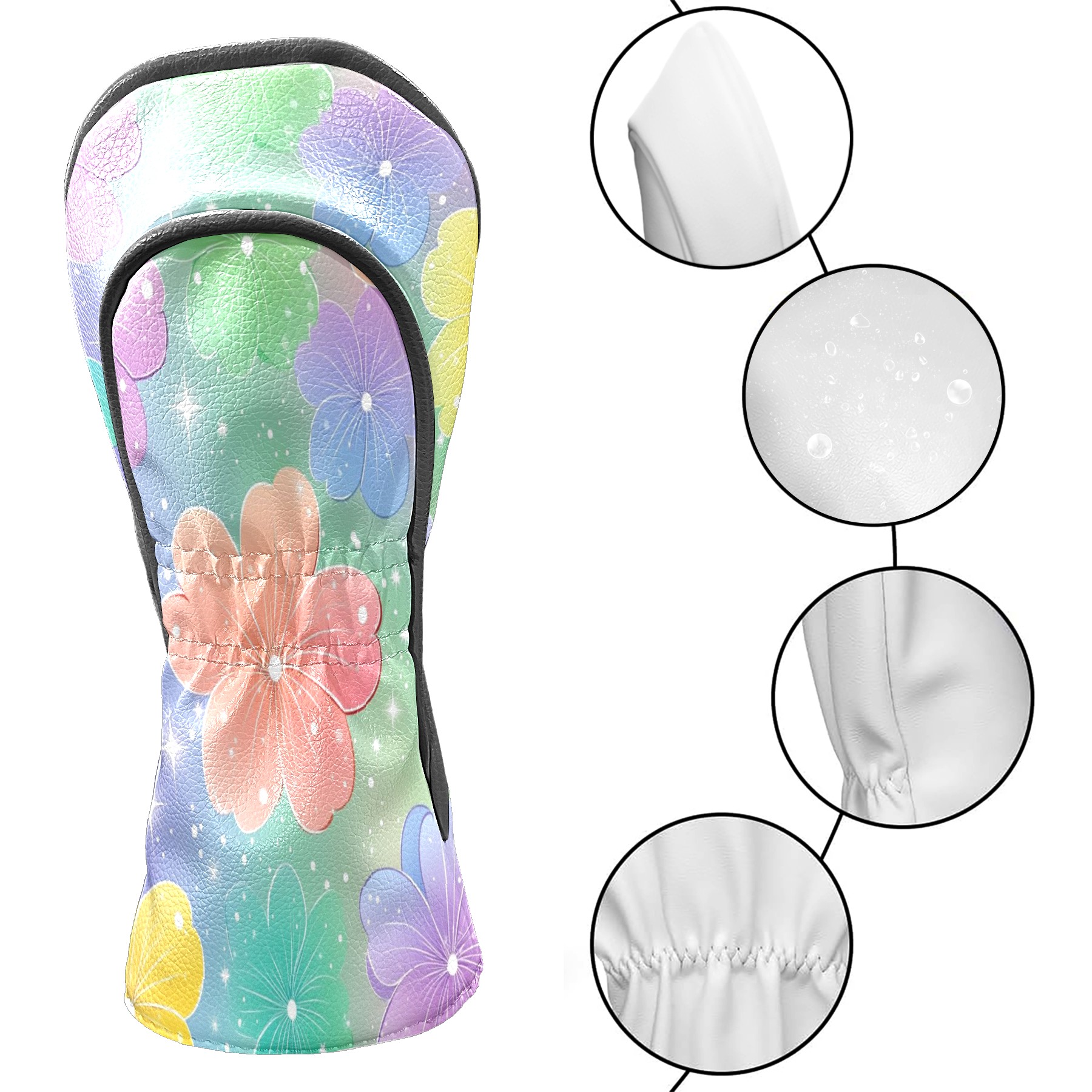Golf Head Covers Cute Pastel Flowers Design for Driver, Wood & Hybrid, Premium Waterproof PU Leather with Plush Lining, Soft Floral Golf Gifts