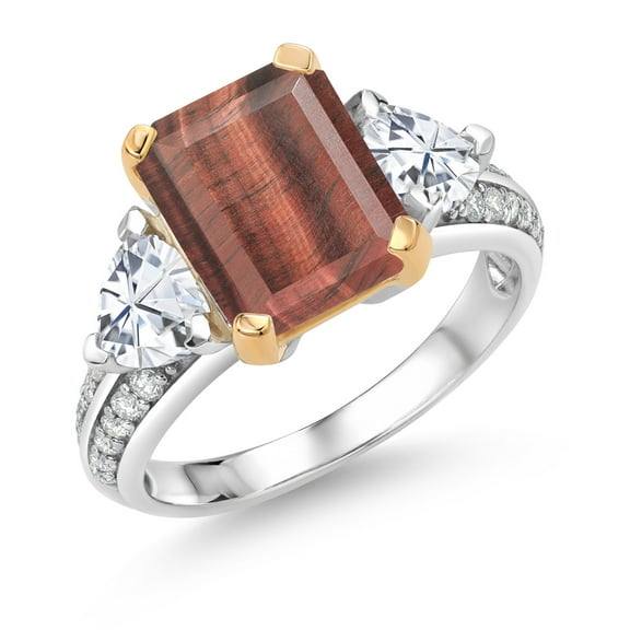 Gem Stone King 925 Sterling Silver and 10k Yellow Gold Red Tiger Eye and White Moissanite 3 Stone Engagement Ring for Women (4.13 Cttw, Emerald Cut Cut 10X8MM, Size 7)