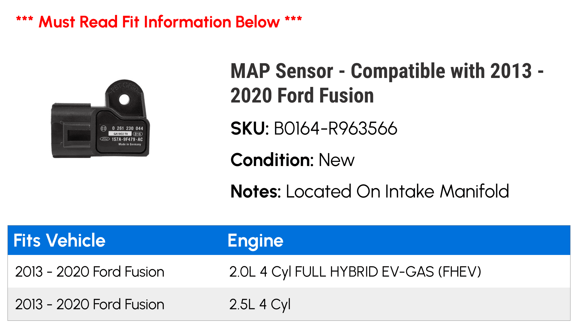 MAP Sensor - Compatible with 2013 - 2020 Ford Fusion 2014 2015 2016 2017 2018 2019