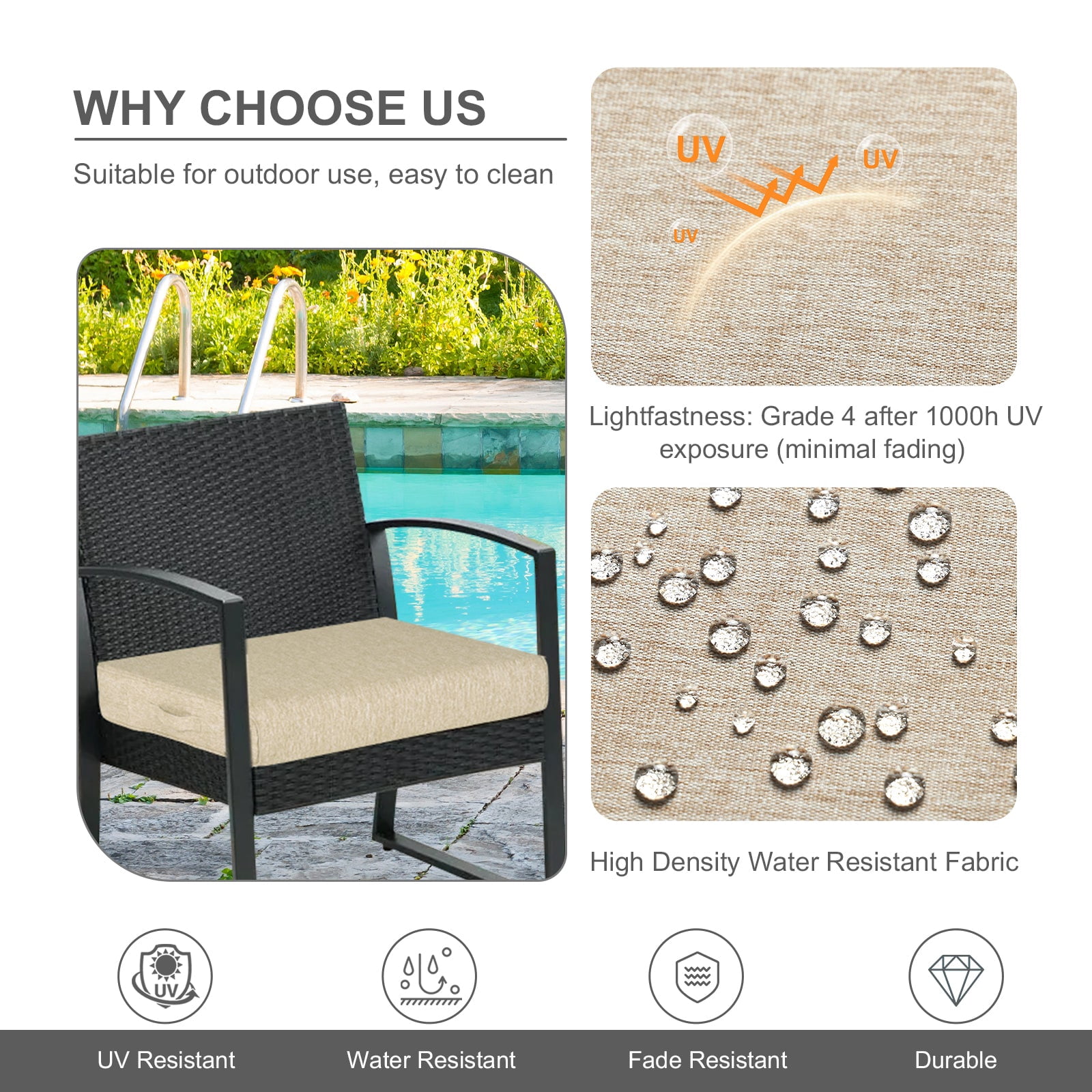 Aoodor Patio Chair Cushions Set of 2, 23 x 26 x 4 Inch Water Resistant Outdoor Seat Cushions with Handle and Ties, Square Corner Cushions for Patio Furniture Garden Lawn, Brown