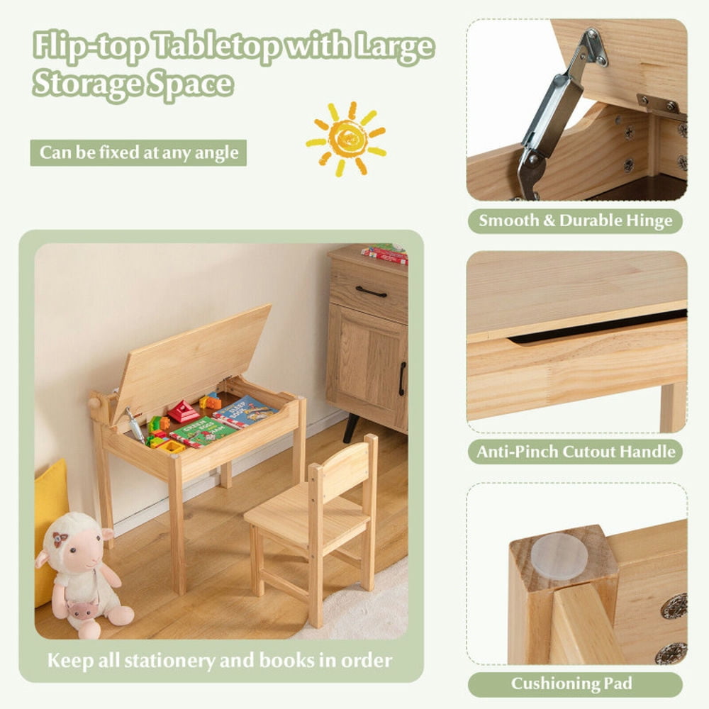 Kadyn Children Kids Table Chair Set,Children Playroom Table Chair Set,Toddler Multifunctional Activity Table and Chair Set with Paper Roll Holder-Natural