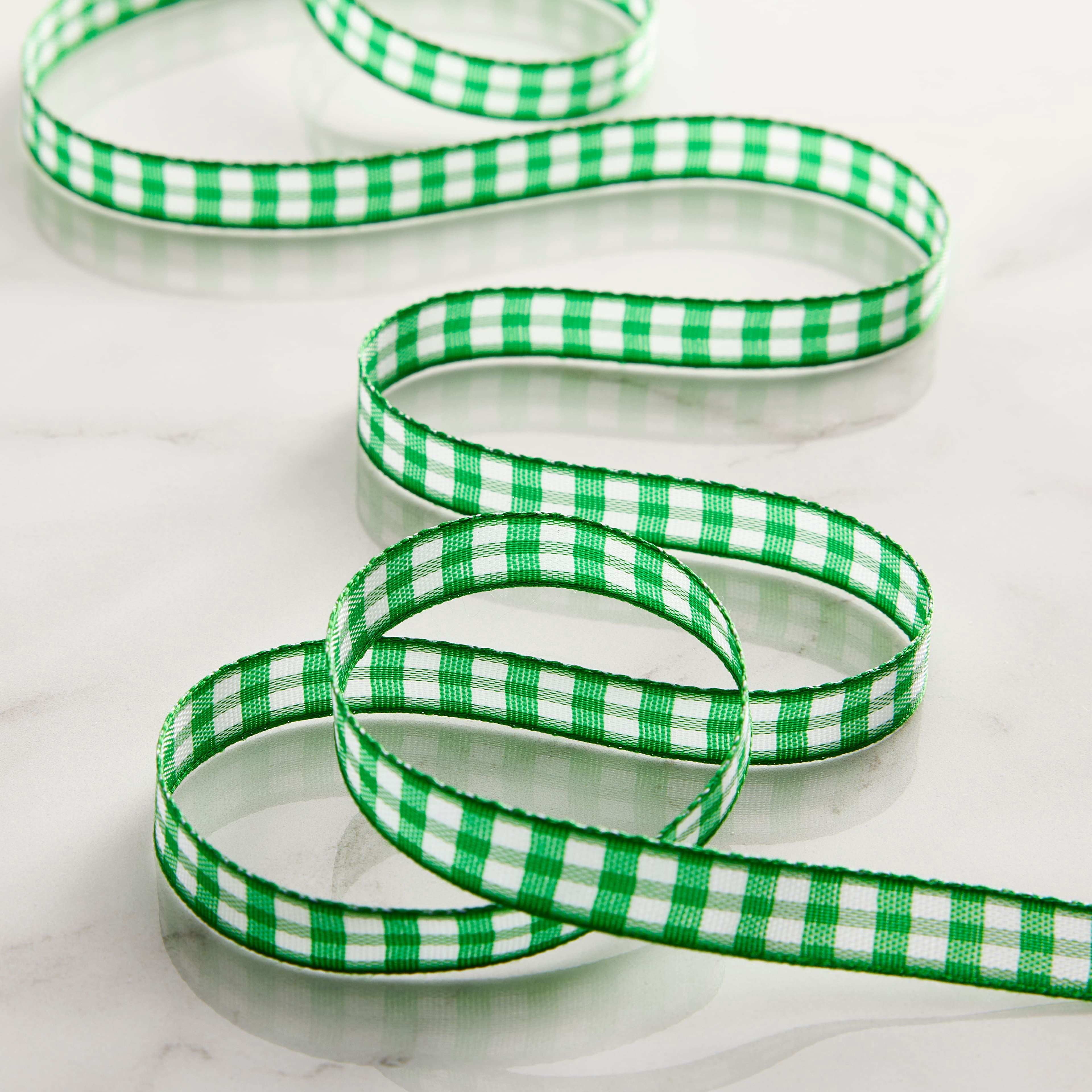 3/8" x 7yd. Green Gingham Ribbon by Celebrate It – Non-Wired Woven Selvage Edge - Ideal for Gift Wrapping - Crafts & Home Decor - 12 Pack