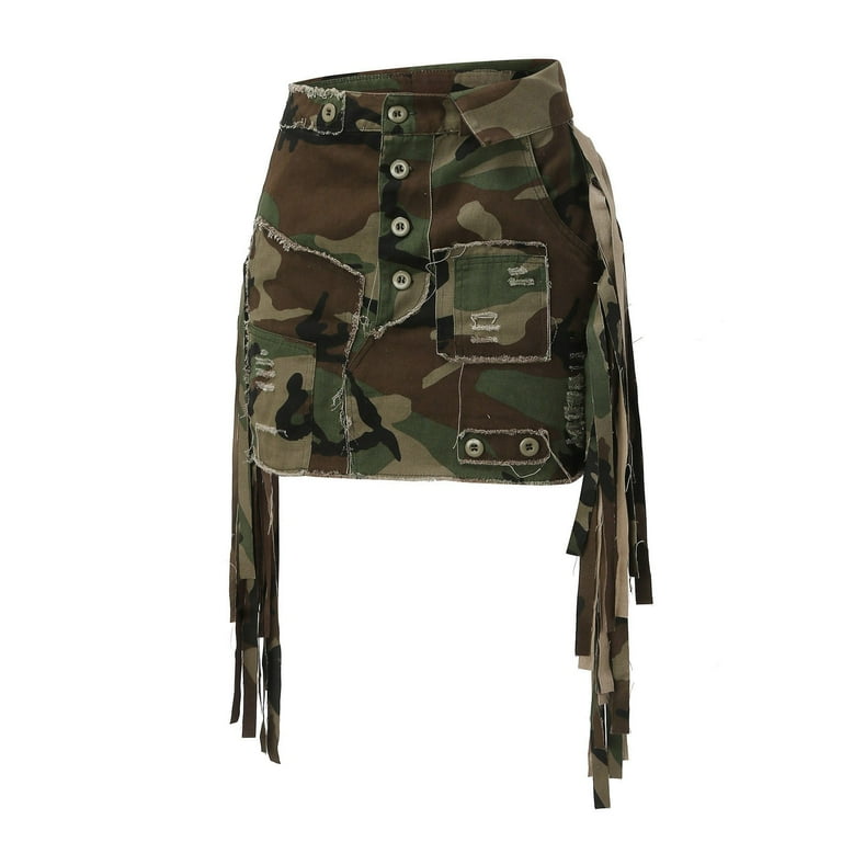 【U LAN】Camo lace patch pocket skirt pants (belt set) Youmylove Women Fashion Camo Cargo Skirt High Split Button