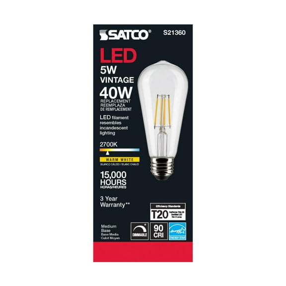 Satco S21360 LED ST19 Vintage Style Light Bulbs 5W 120V 2700K 90  CRI E26 Medium Base Dimmable (6 Pack)