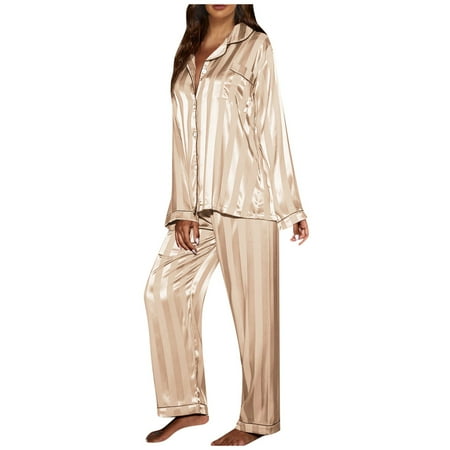 

DORKASM Women s Button Down Two-Piece Sleepwear Pj Set Long Sleeve and Pants Sets Striped Nightwear Lounge Pajamas Set Champagne S