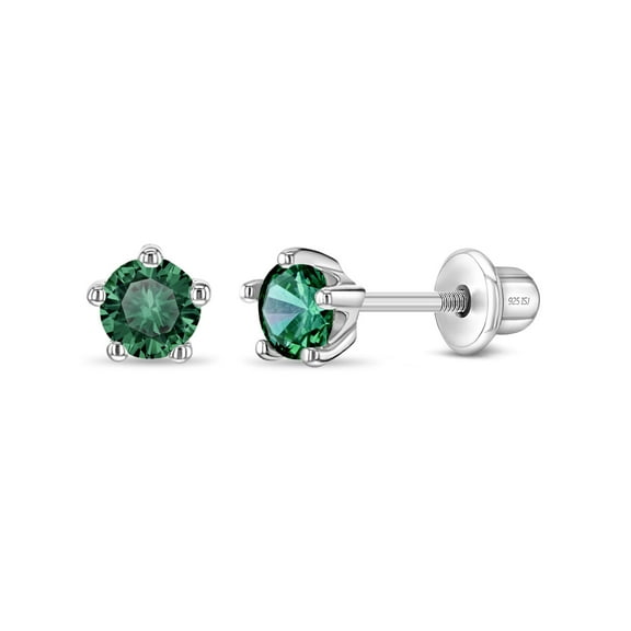 925 Sterling Silver Classic 4mm Simulated Emerald Prong Set Girls Screw Backs
