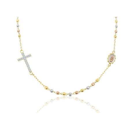 Tri Color Gold Cross - Sterling Silver 18 Karat Gold Plating Tri Color Crystal Cross Rosary Necklace
