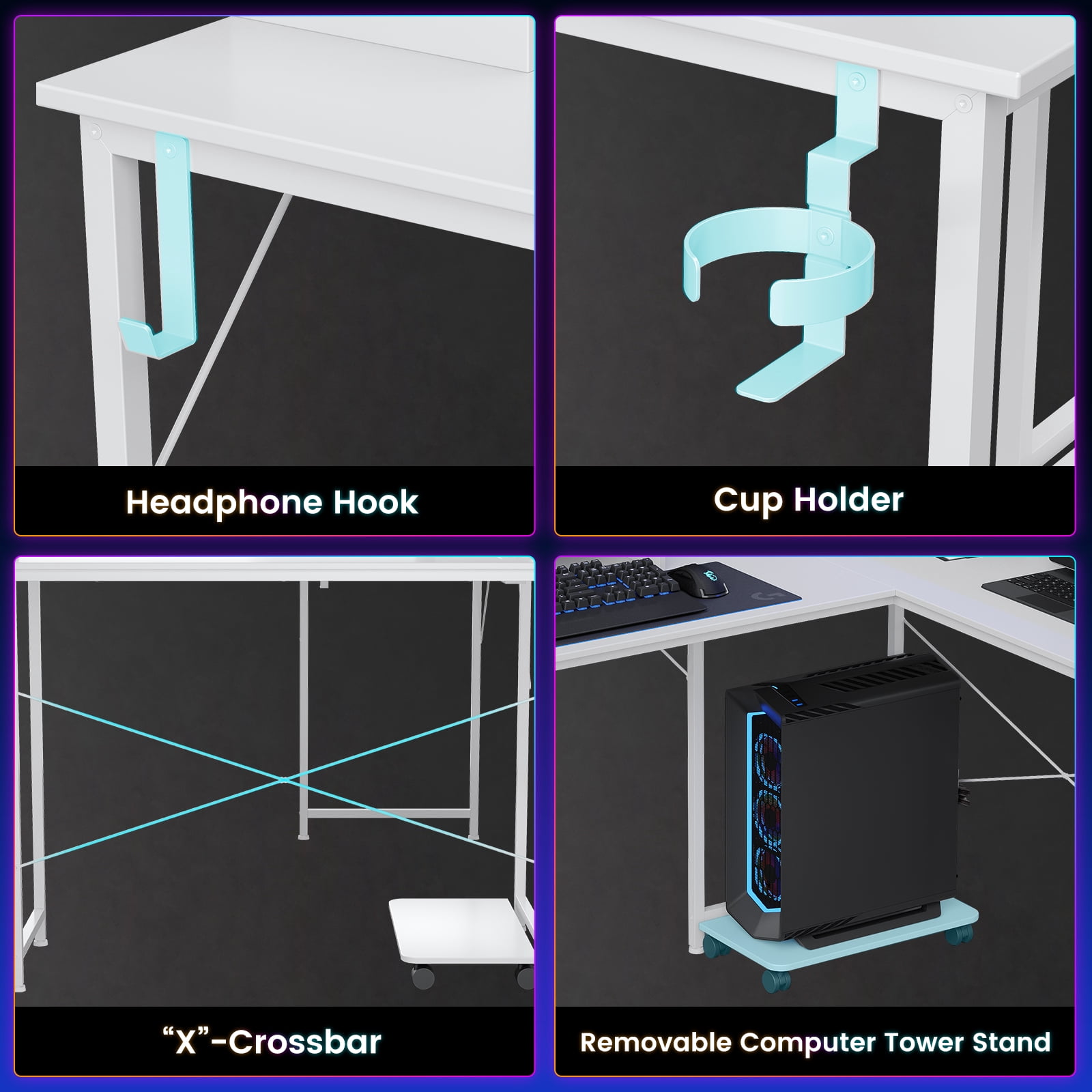 CLOUDREST PTO 53" L-Shaped Gaming Desk, Power Outlets & RGB LEDs, White