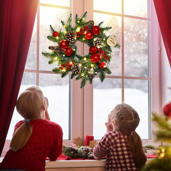 Red Truck Christmas Wreath with Lights - 30 Inch Farmhouse Garland Fall Wreath for Front Door Indoor Outdoor Home Holiday Decor