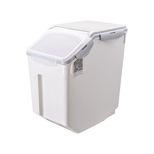 Pet Food Storage Container Moistureproof Mothproof Roller Base Sealed Nonslip Anti-skid Transparent Lid Solid Color Box Case Accessories Grey 15kg