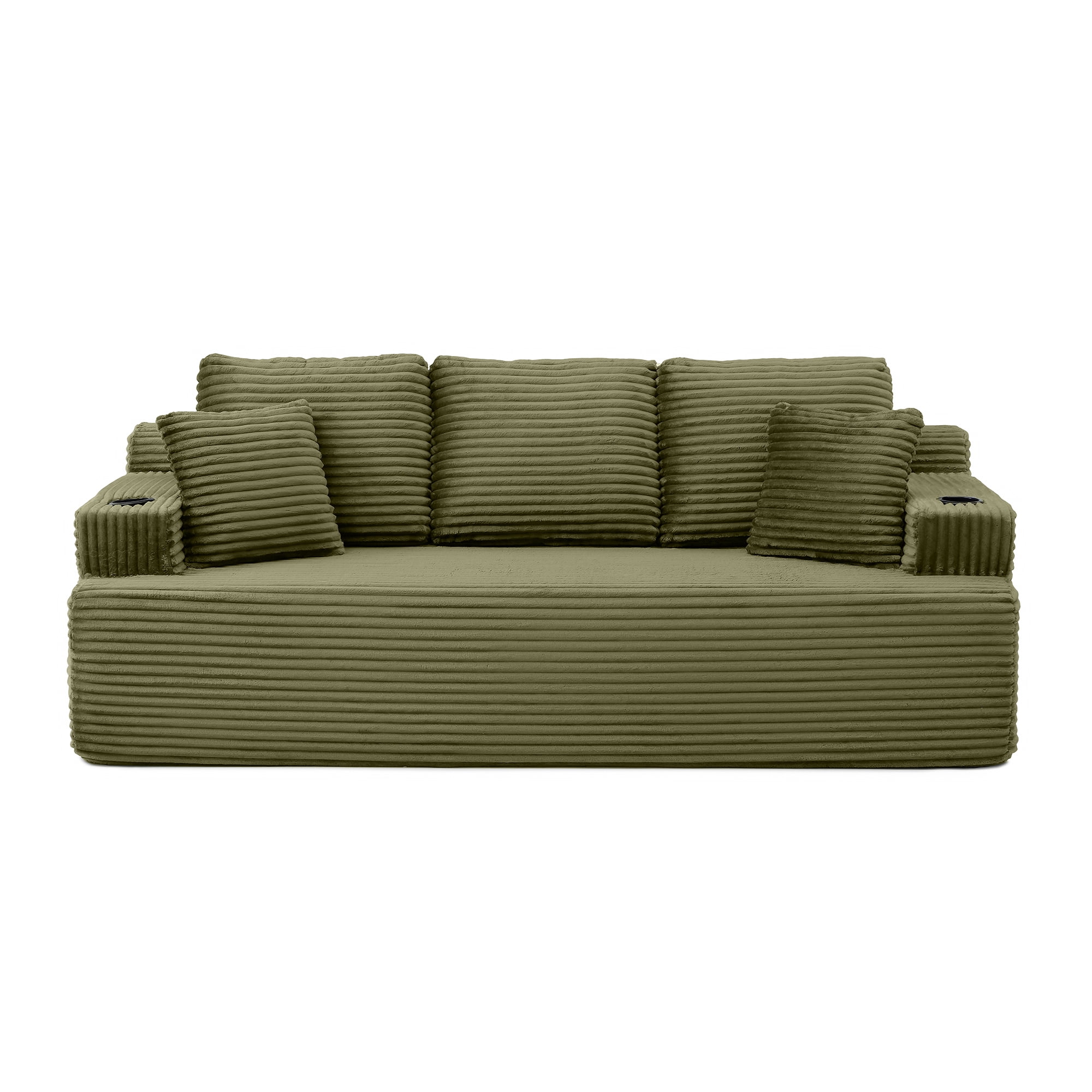 Boneless Sofa, 3-Seater Floor Couch with Cup Holders and Side Pockets, Corduroy Fabric No Assembly Sofa for Living Room or Dorm, 86.2 Inch, Green