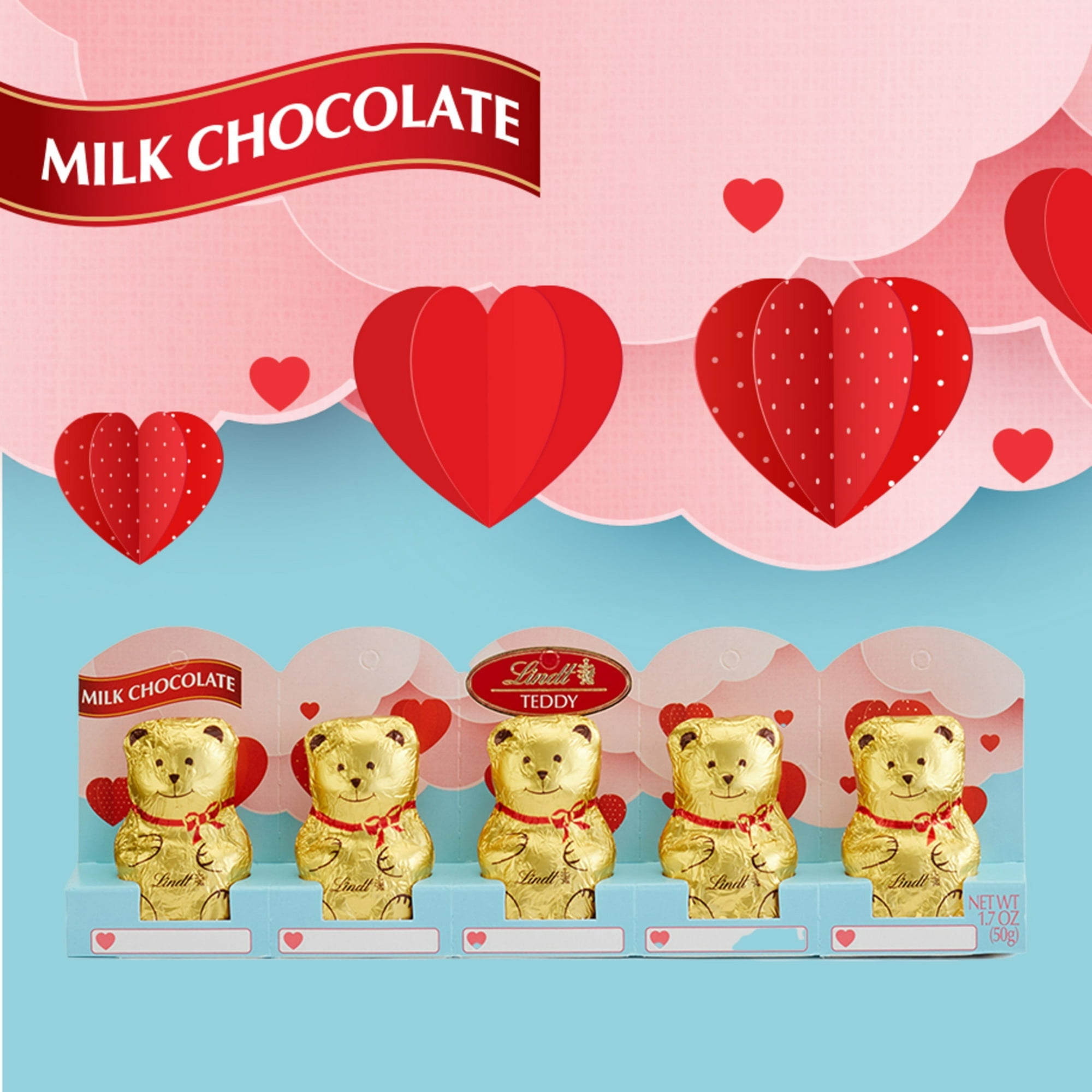Lindt TEDDY Valentine's Milk Chocolate, Valentine's Candy, 1.7 oz. (Pack of 5)
