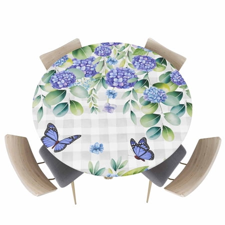 Round Fitted Tablecloth Rustic Purple Flower Butterfly Circle Table Cover Waterproof Table Cloth with Elastic Edge Eucalyptus Leaf Buffalo Plaid Outdoor Tablecloths for Kitchen Picnic 45-54in