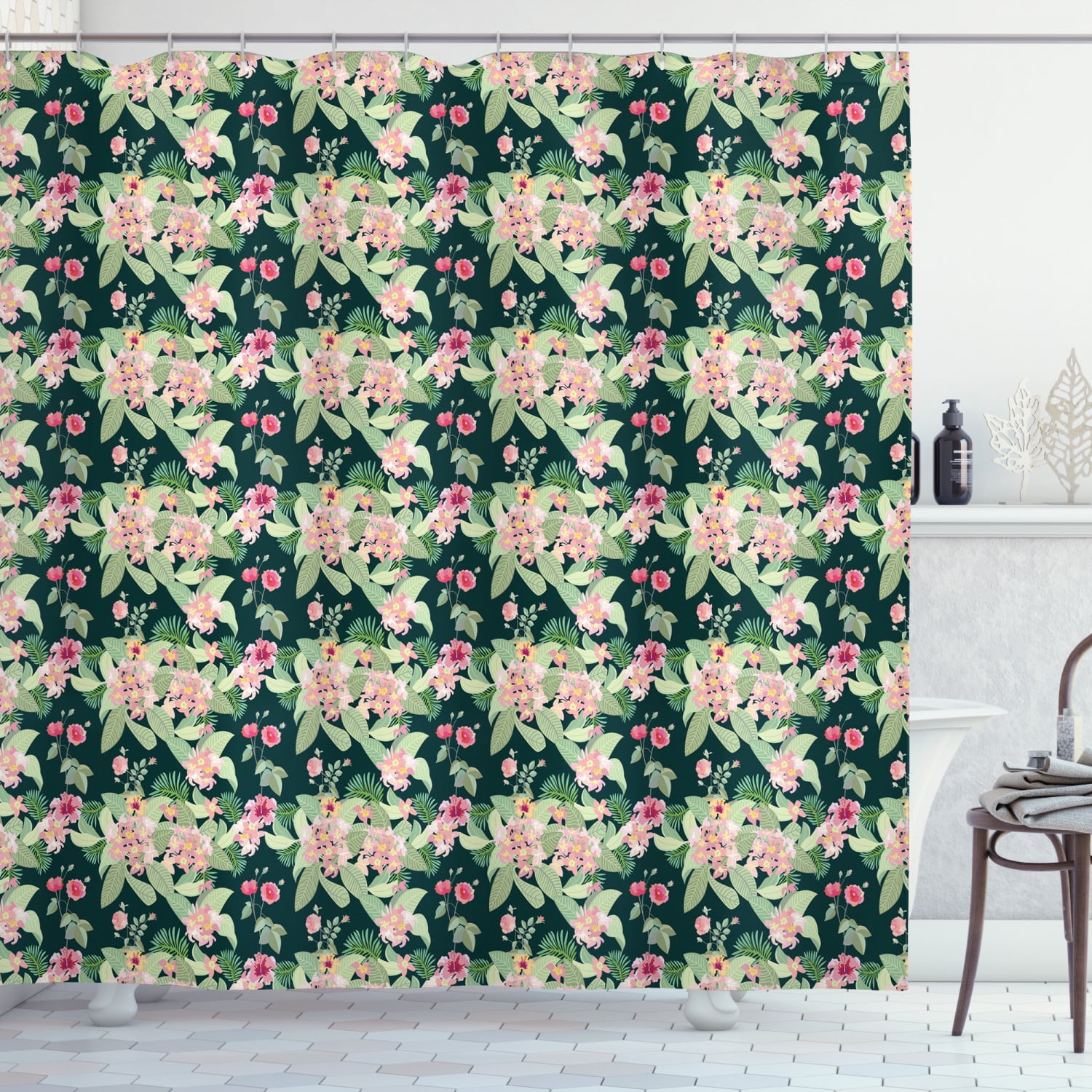 Magnolia Shower Curtain, Botanical Garden Art Design with Hibiscus and