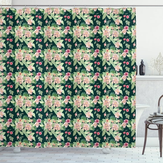Magnolia Shower Curtain, Botanical Garden Art Design with Hibiscus and Tropical Flowers Artistic Spring, Fabric Bathroom Set with Hooks, 69W X 84L Inches Extra Long, Multicolor, by Ambesonne