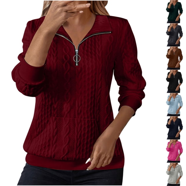 Yuyuzo Sweatshirts for Women Quarter Zip Collared Textured Pullover Long Sleeve Solid Color Fall Fashion Tops