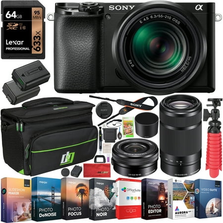 Sony a6100 Mirrorless Camera 4K APS-C ILCE-6100YB with 2 Lens Kit 16-50mm + 55-210mm Bundle with 2x Battery + Deco Gear Travel Bag Case + 64GB Memory Card + Photo Video Software + Accessories