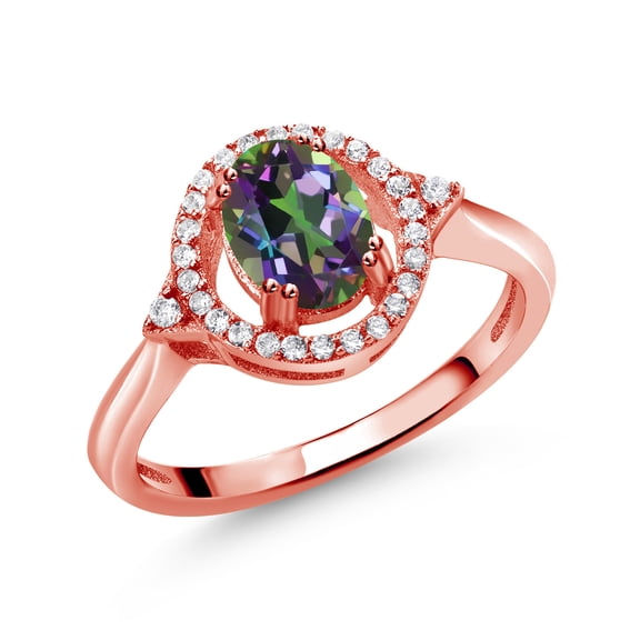 Gem Stone King 1.34 Ct Oval Green Mystic Topaz 18K Rose Gold Plated Silver Ring (Size 7)