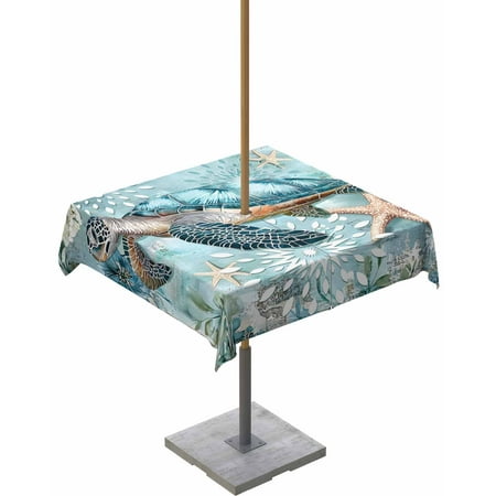 

Lsrtoss Outdoor Tablecloth with Umbrella Hole & Zipper Sea Turtle Coastal Square Tablecloth 60x60 Inch Vintage Teal Nautical Beach Botanical Patio Table Cover Waterproof Table Cloth for Picnic
