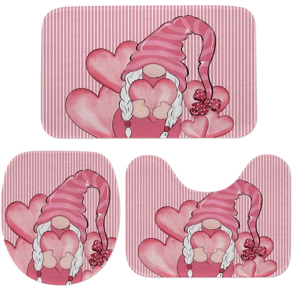 Royalours 3Pcs Happy Valentine Day Bath Rug and Mat Sets for Spring, Cute Gnome Pink Love Heart Pink Stripe Non-Slip Bathroom Doormat Toilet Seat Cover, Super Soft U-Shaped Toilet Floor Mat